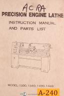 Acra 1330, 1340, 1430, 1440, Engine Lathe, Instruction and Parts Manual