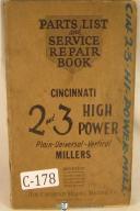 Cincinnati Parts List, 2 & 3 HighPower Plain-Universal-Vertical Millers Manual