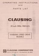 Clausing 20 Inch, 2277, Drill Press, Operating Instruct and Parts Manual 1964