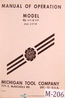 Michigan Tool GG, 16 x 18 F.A., Gear Grinding Operations Manual Year (1961)